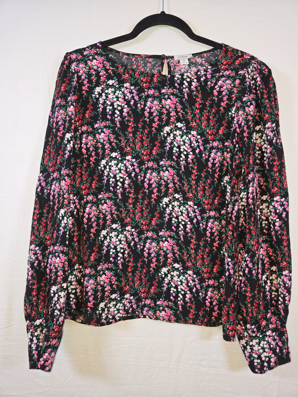 J. Crew Black Floral Long-Sleeve Blouse with Pink and Red Blooms